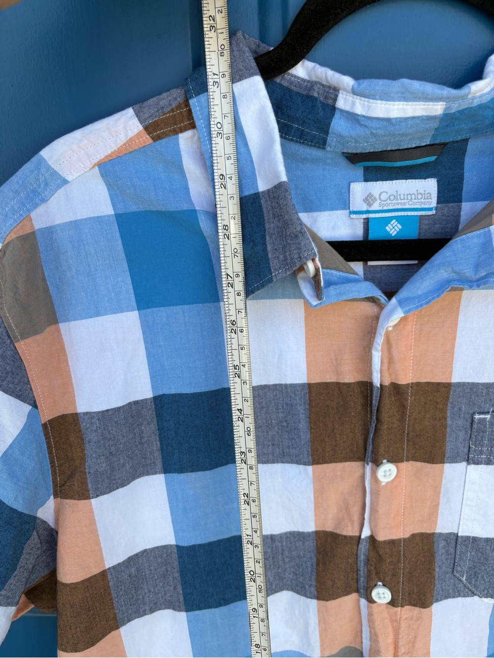 Columbia Men’s Short Sleeve Plaid Button-Up - Blue, Brown & White - Picture 11 of 16